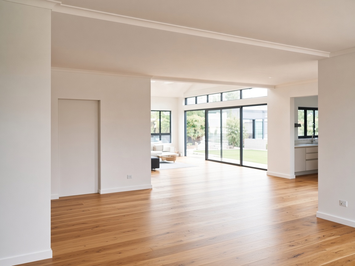Empty open-plan room with timber floors