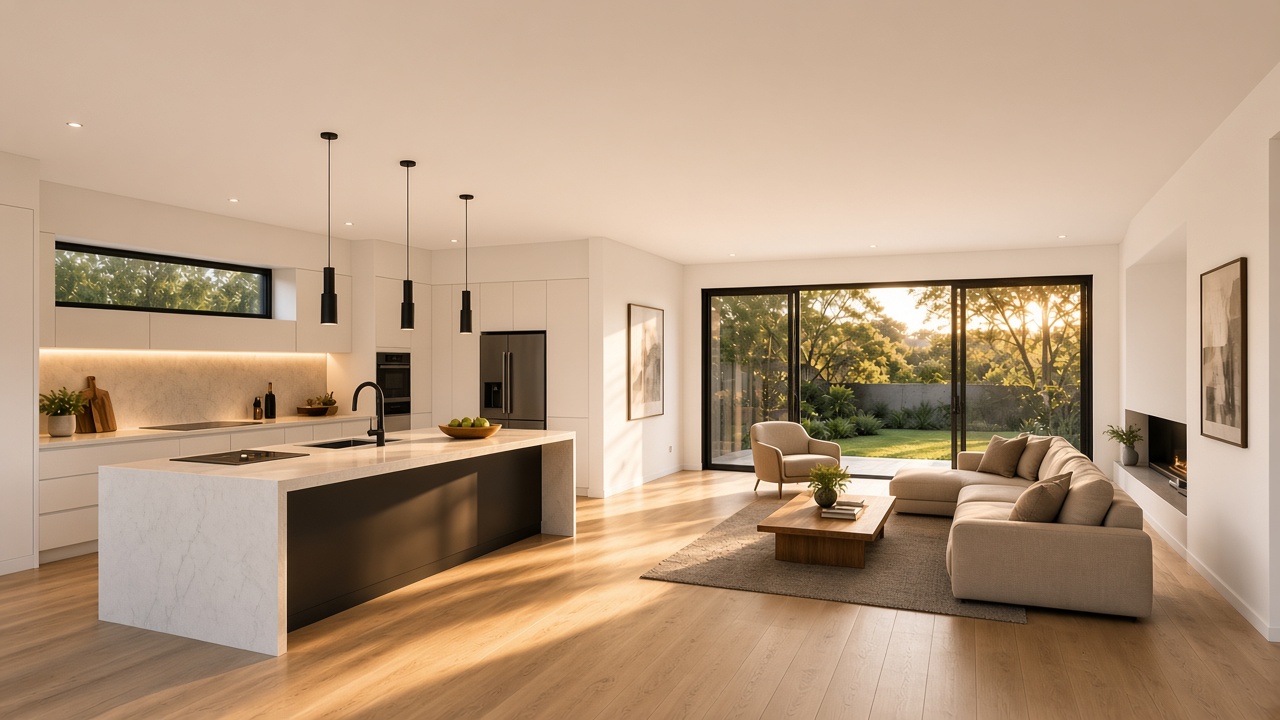 Renovated open-plan living area at golden hour
